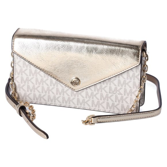 Michael Kors Jet Set Travel Small Signature Clutch Crossbody Vanilla Pale Gold - Picture 7 of 10